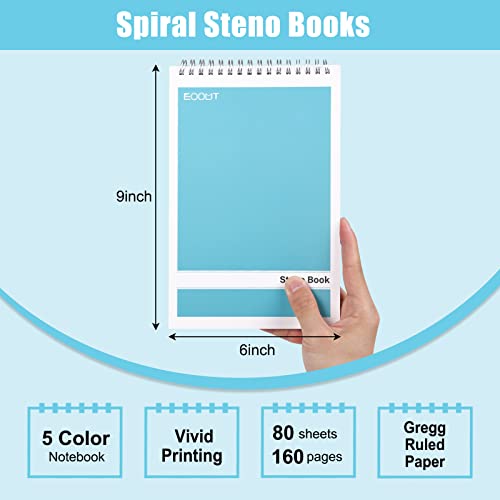 Eoout 5 Pack Top Spiral Steno Pads, 6X9 Inches, 80 Sheets White Paper Gregg Rule, 5 Assorted Pastel Color Covers Steno Notebooks For Writing Notes In School, University, College, Office #TOP1