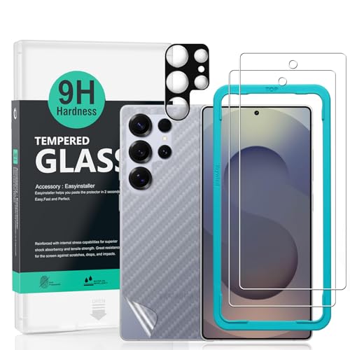 Image of Ibywind Screen Protector For Samsung Galaxy S25 Ultra 5G 6.8 inch(2 Pack),9H Hardness Tempered Glass,With 1Pc Camera Lens Protector,1Pc Back Carbon Fiber Film,Easy to Install