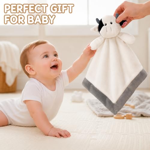 Image of Cow Security Blanket: Soft, Gender Neutral Baby Loveys for Boys and Girls, Snuggle Toy Stuffed Animal, 12 Inch