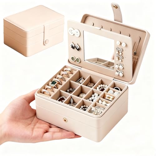 Aikennジュエリーボックス 大容量 3層 アクセサリーケース おしゃれ PUレザージュエリー アクセサリー 収納 鏡付き17.5*12.5*9cm 持ち運びケース 旅行用 小型 宝石箱 指輪 ネックレス イヤリング ピアス ブレスレットなど小物入れ 着脱式の仕切り付き ギフトアイデア (ホワイト)