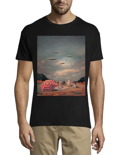 UFO Alien Invasion Retro Style Vintage Poster Crew Neck Cotton Men's T-Shirt Black Large