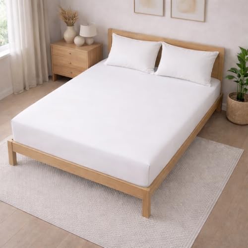 Image of THE HOME STYLE Solid Plain Cotton Feel Fitted Bedsheet King Size (72x78 inches) | 2 Pillow Covers | 300 TC | Elastic Fit | Fits Upto 8 Inch Mattress (PureCloud White)