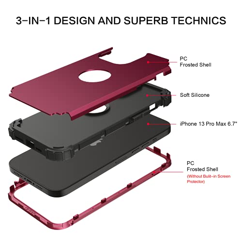 Bentoben Compatible With Iphone 13 Pro Max Case, Heavy Duty 3 In 1 Full Body Rugged Shockproof Hybrid Hard Pc Soft Rubber Bumper Drop Protective Girls Women Cover For Iphone 13 Pro Max 6.7", Wine Red #TOP2