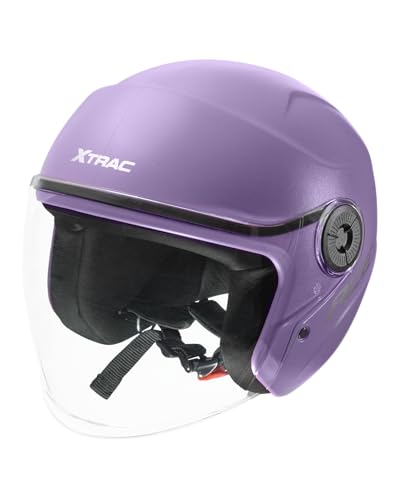 Image of Xtrac Ace ISI Certified Open Face Helmet for Men & Women | Half Face Bike Helmet with Scratch-Resistant Clear Visor | Lightweight ABS Shell | Quick Release Buckle | Purple - M