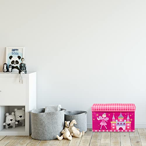 Relaxdays Sitzbox Kinder, Faltbare Aufbewahrungsbox mit Stauraum, Deckel, Prinzessin & Fee, 50 Liter, platzsparend, pink