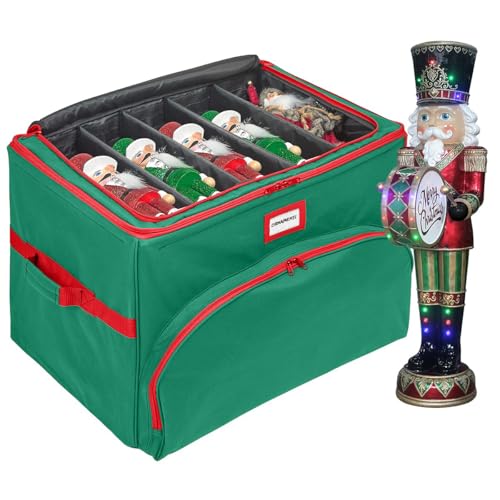 Christmas Nutcracker and Figurine Collectible Storage Box - Holds Up to 72 Ornaments 4” x 4” - Top Adjustable Compartments for Figurines, Nutcrackers, etc - Heavy Duty 600D/ Inside PVC Material, Green