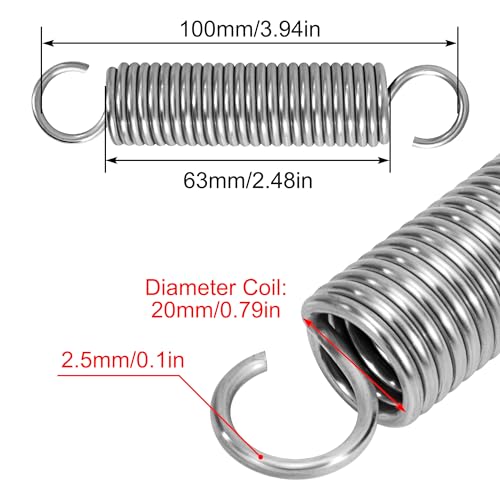 GUNGY sprężyny naciągowe z hakami ze stali nierdzewnej sprężyna naciągowa sprężyna 100mm średnica zewnętrzna 20mm średnica drutu 2,5mm maksymalne obciążenie 12kg 2,5x20x100mm 2 sztuki