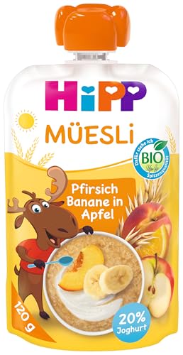 HiPP Müesli Pfirsich Banane in Apfel mit Joghurt, Quetschie ab 1 Jahr, (6 x 120g)