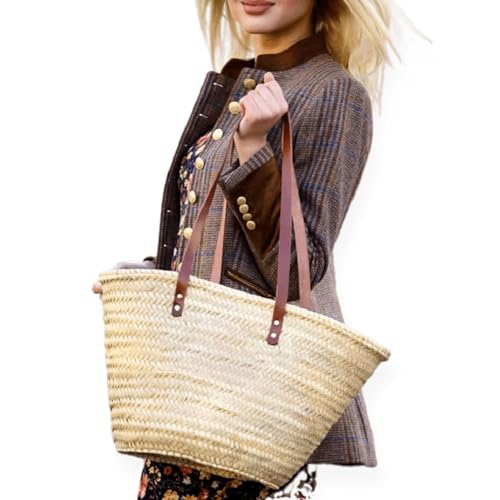 French Basket Bag with Long Leather Handles - Woven Straw