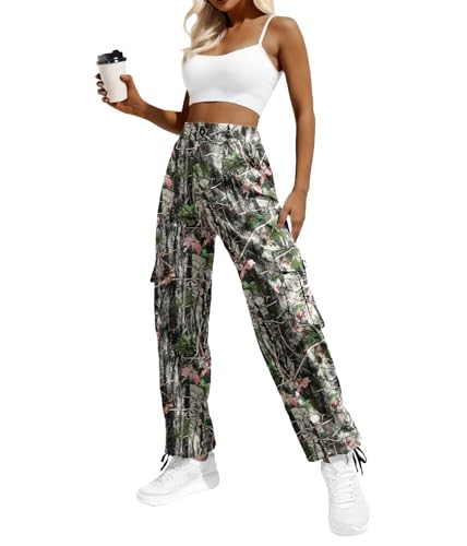 Lepunuo Women's High Waisted Cargo Pants Travel Y2K Streetwear Baggy Stretchy Pants with 6 Pockets Drawstring Ankle Cuffs