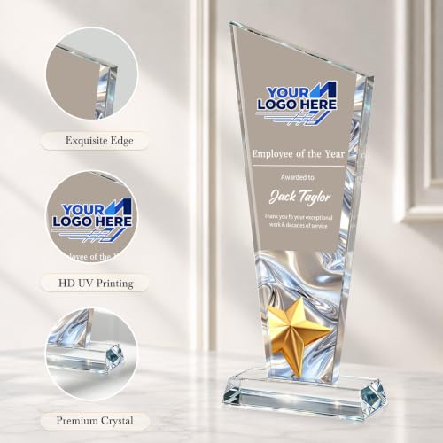 Image of Custom Crystal Trophy Award Personalized Plaque Award with Text Logo Photo Awards Trophies for Employee Recognition Team Graduation Personalized Office Gifts for Boss Coworker Teacher