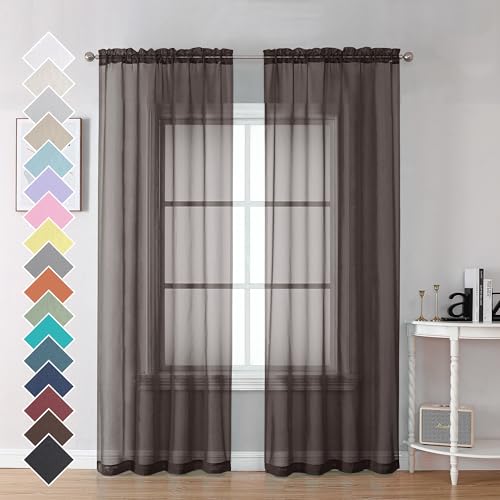 OVZME Voilage de fenêtre Basique avec Passe-Tringle – Rideaux Transparents Marron Chocolat de 213 cm de Long pour Chambre à Coucher, 5 x 106 x 213 cm