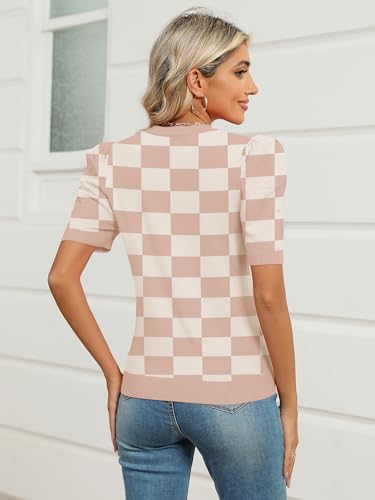 Image of AKEWEI Puff Short Sleeve Sweater for Women Tops Trendy Spring Summer 2025 Business Casual Outfits Knit Crewneck Shirt Blouses