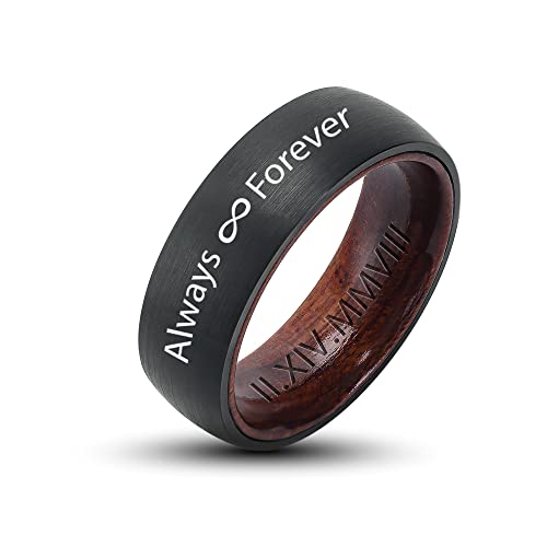 LerchPhi 8MM Black KOA Wood Tungsten Carbide Mens Wedding Band, Brushed Finish Classic Mens Ring, Custom Engraved Gift for 5th Annivery, Comfort Fit Band