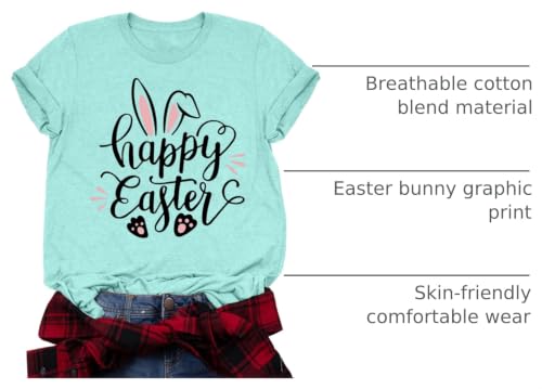 Image of Women Happy Easter T Shirt Bunny Rabbit Graphic T-Shirt Funny Letter Printed Shirts Short Sleeve Tops
