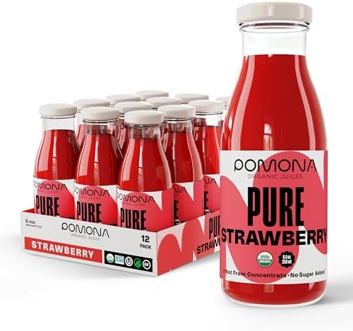 Pomona Organic Strawberry Juice (Pack of 12), Cold Pressed USDA Organic Juices with 100% Strawberries, No Added Sugar, Not From Concentrate, Vegan, Kosher, Non GMO, Pasteurized, 8.4 oz Glass Bottles