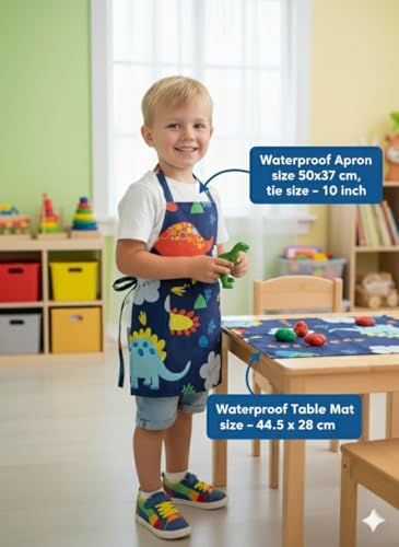 Image of HOUSE FOX Kids Waterproof Apron and Table Mat Set (Pack of 2 set)(Age 4 - 9 years), Aprons for Teens, Boys & Girls | Ideal for Cooking, Painting, School, Art | Machine washable|Reusable | Long Life