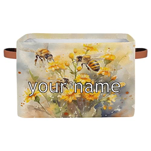 Omfuns Personalized Storage Basket Cute Bee Animal Custom Foldable Storage Bin Sunflower Floral Fabric Rectangular Storage Box Organizer For Closet Shelf Home Nursery Toy Basket, 1 Pack #TOP5