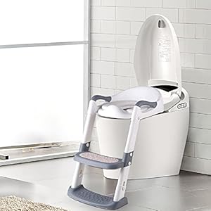 Toilettentrainer mit Treppe, Kinder Toilettensitz, Töpfchentrainer Faltbar mit Armlehnen, bequemem Kissen und breiten Stufen, 5 einstellbare Höhen, rutschfest, Töpfchensitz für Kinder von 1-10 Jahren