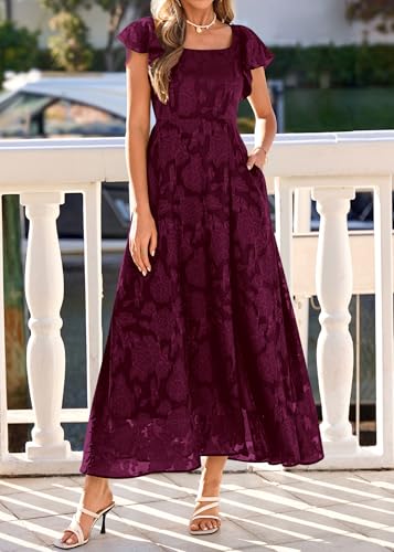 Image of KIRUNDO Bridesmaid Wedding Guest Formal Dresses for Women | Elegant Summer Maxi Dress, Lace Floral Prom Party Cocktail Dress, Smocked Bust, Tie Back, Split A Line Swing, With Pockets