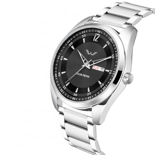 Image of LOUIS DEVIN Stainless Steel Chain Analog Wrist Watch for Men with Day and Date Display (Black /Blue /Brown /Silver Dial) | LD-GR405-CH