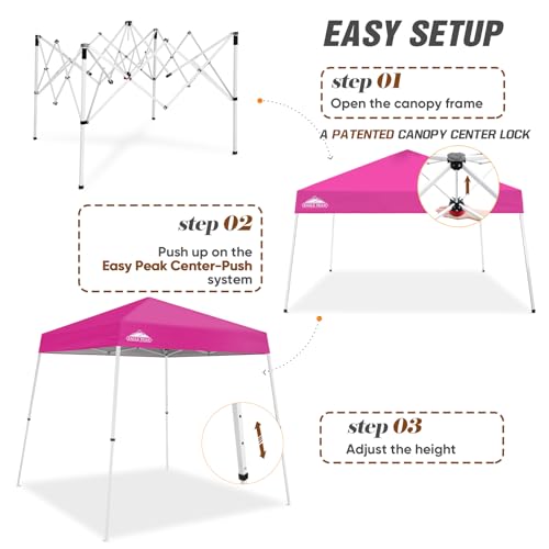 EAGLE PEAK 8x8 Slant Leg Pop-up Canopy Tent Easy One Person Setup Instant Outdoor Beach Canopy Folding Portable Sports Shelter 8x8 Base 6x6 Top (Pink)