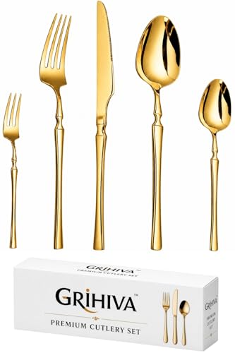 Image of 5 Pcs Gold Cutlery Set for Dining Table the Perfect Lightweight Silim Handle Tableware Including Dinner Spoon, Dinner Fork, Dinner Knife, Dessert Spoon & Dessert Fork