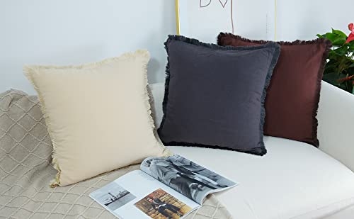 Jojusis Pack Of 2 Decorative Natural Linen Pillow Cover With Tassel Trim Farmhouse Boho Fringed Square Cushion Case For Sofa Couch 18 X 18 Inch Dark Grey #TOP5