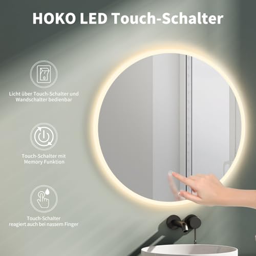 HOKO LED-Badspiegel rund 60 cm, mit Touch-Schalter & Farbwechsel, IP44 – Ansicht 3
