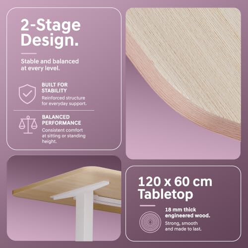 Image of ET V ONE Lite Electric Standing Desk with 1-Piece Solid Top | Heavy Duty Height Adjustable Computer Desk | 3 Memory Preset | 5 Year Warranty | for Home Office (White Oak, 120 * 60 CM)
