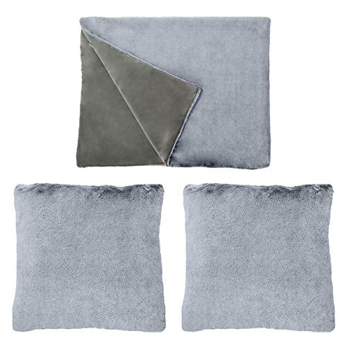 Meubletmoi Lot de 2 Coussins + 1 Plaid en Fausse Fourrure Gris givré Doux et épais - Levy