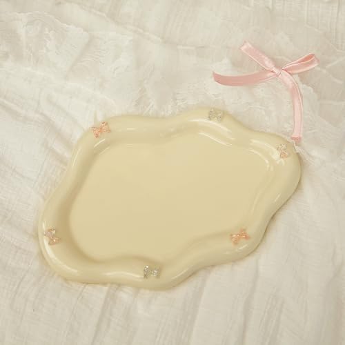 Image of Jewelry Dish Trinket Tray for Women, Ring Dish Holder, Unique Cloud Shape Ceramic Plate Cute Things Vanity Aesthetic Room Decor Mother's Day Birthday (Bow Cream)