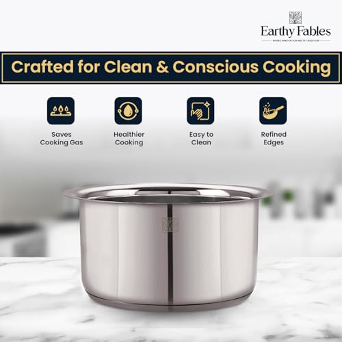 Image of Earthy Fables Stainless Steel Heavy Bottom Tope /Patila /Bhogona /Tapia for Milk, Boiling, Better Nutrition & Heat Distribution, Uses Less Oil & Gas, Stove & Induction Bottom, 22 cm, 4.5L