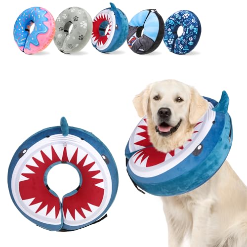 Image of SCENEREAL Dog Cone Alternative After Surgery Pet Recovery Collar for Small Medium Large Dogs Cats, Adjustable Inflatable Donut to Prevent Licking, Shark Print E-Collars