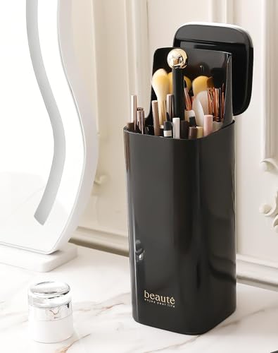 STORICANS Makeup Brush Holder with Lid,4 Slots Automatic Lifting Dustproof Make up Brush Organiser Makeup Brushes Case Make up Cosmetics Organizer Storage for Dressing Table,Vanity,Gold-Black