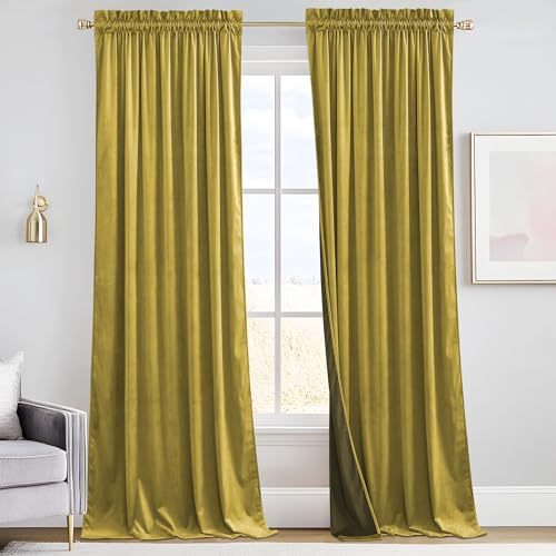 Image of RYB HOME Warm Velvet Blackout Curtains 102 inches Long, Soft Textured Fabric, Rod Pocket Design for Bedroom Dining Room, 52 inch W x L102 L, Mustard Gold