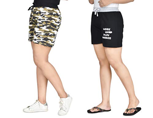 Image of Club A9 Women's Cotton Printed Shorts | Short Pants | Hot Pants (Pack of 2) (L, Brown Camo Print, Black)