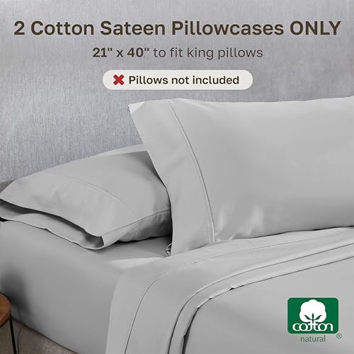 Image of California Design Den King Size Pillowcase Set - 400 Thread Count, 100% Cotton Sateen, Set of 2 Pillow Covers, Soft and Breathable - Light Grey