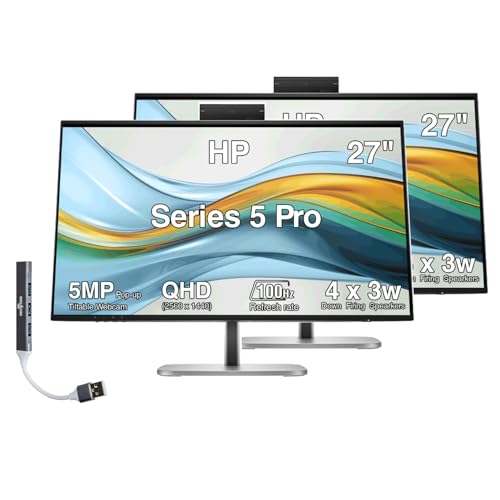 Image of HP Series 5 Pro 27 inch QHD USB-C Conferencing Monitor (2 Pack) | 4x3W Speakers, 5MP Pop-up Webcam, VESA Mount (100mm), Displayport, HDMI & Dockztorm USB Port Expander, Black /Silver Color