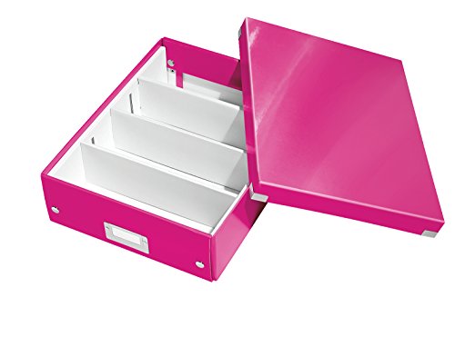 Leitz Click & Store Aufbewahrungsbox mit Deckel Mittel-Groß, Box mit Trennwänden für Zubehör im Büro oder Utensilien im Haushalt, Transportbox aus 85 % recycelter Premium-Hartpappe, Pink, 60580023