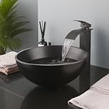 Kiciykc 13 Zoll Bad schwarzes Gefäß Spülbecken Keramik Runde Waschbecken mit Wasserhahn und Ablauf über dem Teller Spülbecken Schale Combo