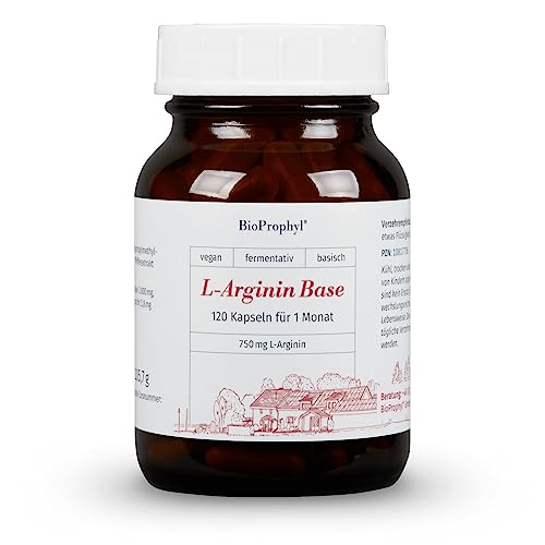 BioProphyl® L-Arginin Base mit 750 mg rein pflanzlichem L-Arginin ohne HCL mit Bioperine® - aus fermentativer, deutscher Herstellung - 120 pflanzliche Kapseln