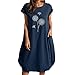 Zldhxyf Abito Casual da Donna a Maniche Corte con Stampa Casual Abito Estivo da Donna con Scollo Tondo con Tasca in Cotone e Lino al Ginocchio Abito Longuette Midi Copri Abiti da Armadio