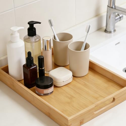 ZEONHEI 2 Pack Rectangular Bamboo Tray Set with Handles, 2 Sizes of Rustic Wooden Serving Trays for Tea Coffee Snack, 38 x 25 x 4cm / 40 x 28 x 3.5cm - Image 6