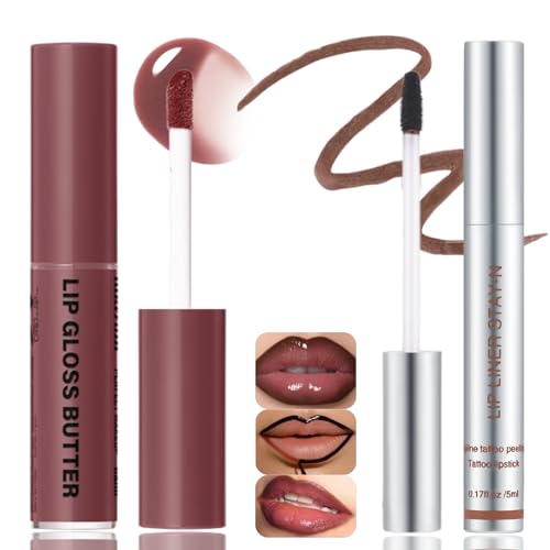 Peel Off Lip Liner & Gloss Set,Dark Brown Plumping Peel Off Lip Liner Stain And Gradient shine brown Butter Lip Gloss,Long Lasting Moisturizing Waterproof Lightweight Lipstick Care,All-IN-One Lip Kit