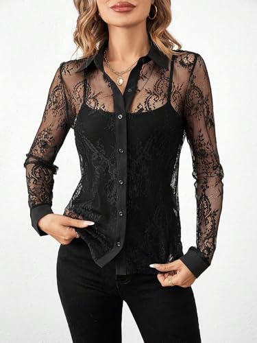 Womens Lace Long Sleeve Shirt Black Top Top Button Blouse for Women4