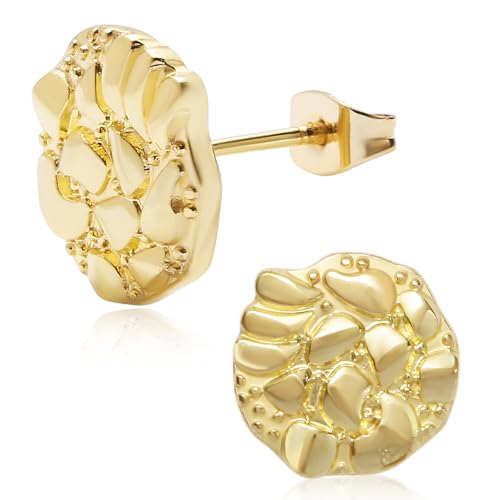 Gold Nugget Earrings for Men & Women, 18K Gold Plated Nugget Textured Stud Earrings, Classic Nugget Design Jewelry Gift, Unisex by Kavfeeo - Used condition - US$8.09