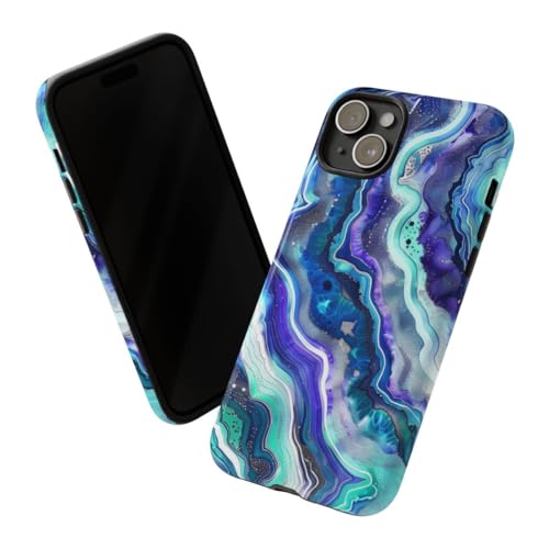 Coque iPhone 15 Plus rigide et brillante au motif tourbillon géode bleu - 2