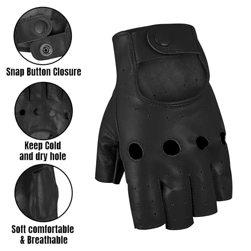 Royal Coalition Men's & Women's Lambskin Leather Fingerless Gloves Unlined Half Finger DrivingW/Breathable Open Knuckle (Black, Large)
