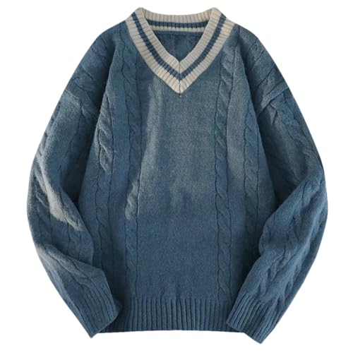 Men Loose Colorblock Knit Sweater Winter Casual V-Neck Warm Sweaters Jumper